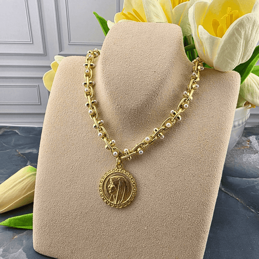 Pearl- Accented Chain Necklace with Our Lady Medallion, Sister Dulce Gift Shop, Shepherds Staff, Religious Store, Cypress Springs Mercedarian Prayer Center, Catholic, 
