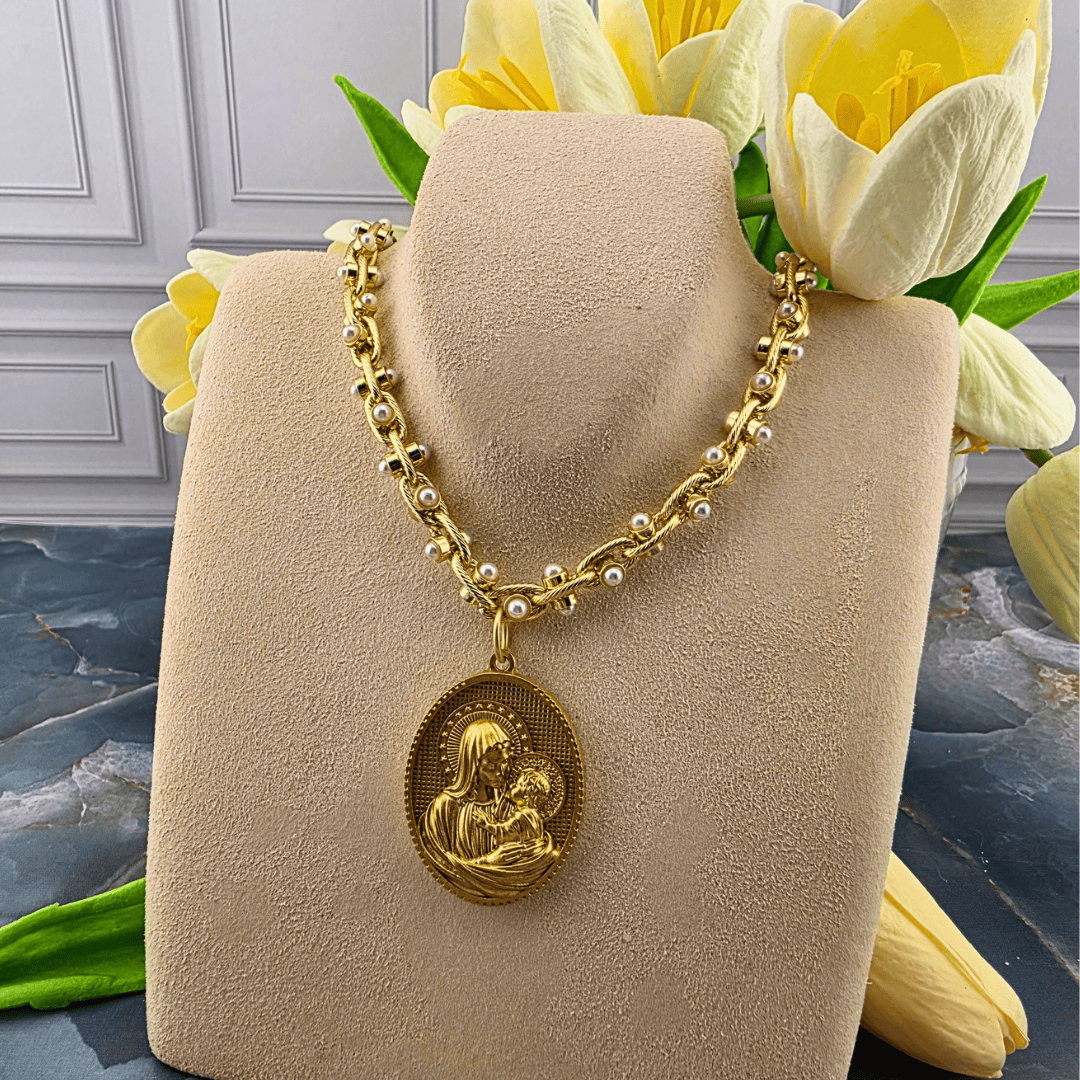 Madonna with Child Pearl-Accented Chain Necklace, Sister Dulce Gift Shop, Shepherds Staff, Religious Store, Cypress Springs Mercedarian Prayer Center, Catholic, 
