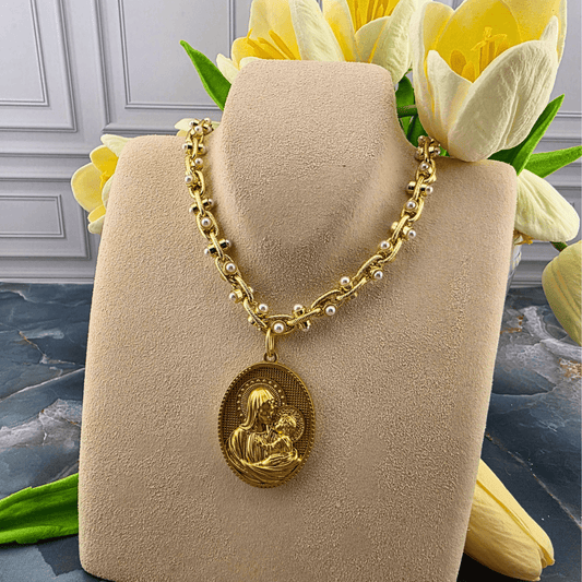 Madonna with Child Pearl-Accented Chain Necklace, Sister Dulce Gift Shop, Shepherds Staff, Religious Store, Cypress Springs Mercedarian Prayer Center, Catholic, 
