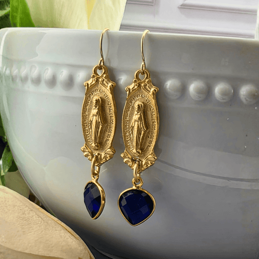 Miraculous Medal Earrings with Sapphire-Blue Drop
