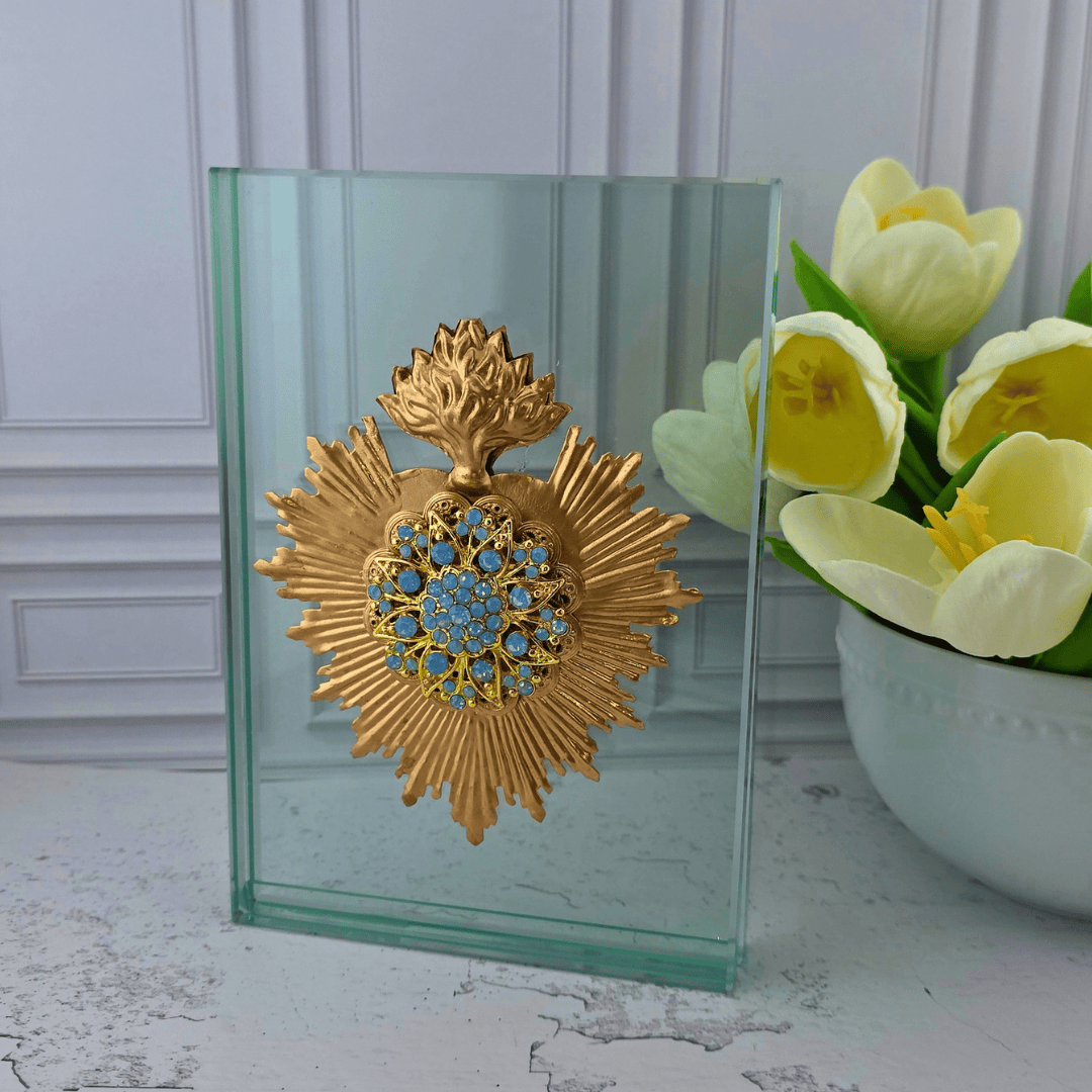 Sacred Heart Sunburst Medallion on Glass Block