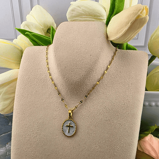 Enamel Cross Medallion Necklace, White, Sister Dulce Gift Shop, Shepherds Staff, Religious Store, Cypress Springs Mercedarian Prayer Center, Catholic, 