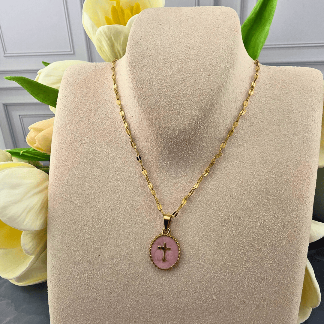 Enamel Cross Medallion Necklace, soft pink, Sister Dulce Gift Shop, Shepherds Staff, Religious Store, Cypress Springs Mercedarian Prayer Center, Catholic, 