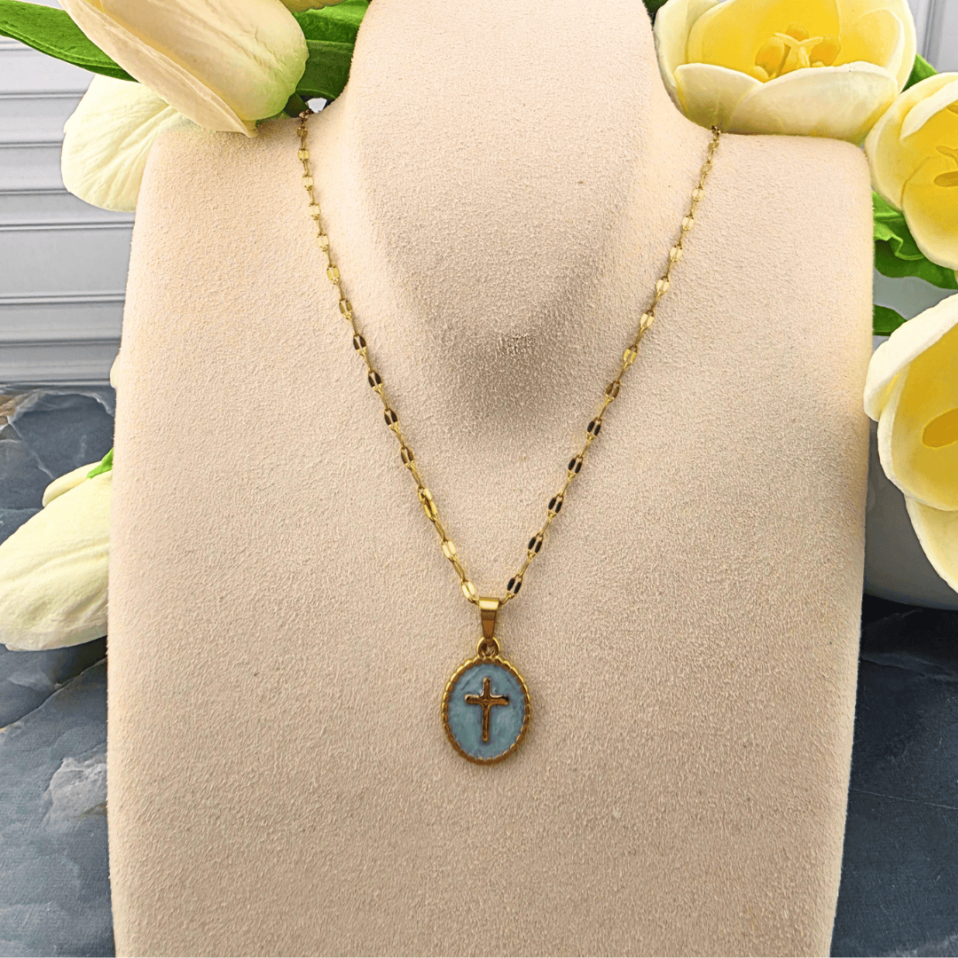 Enamel Cross Medallion Necklace, mint, Sister Dulce Gift Shop, Shepherds Staff, Religious Store, Cypress Springs Mercedarian Prayer Center, Catholic, 