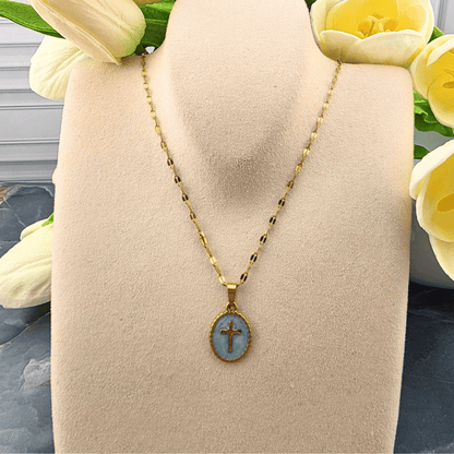 Enamel Cross Medallion Necklace, mint, Sister Dulce Gift Shop, Shepherds Staff, Religious Store, Cypress Springs Mercedarian Prayer Center, Catholic, 