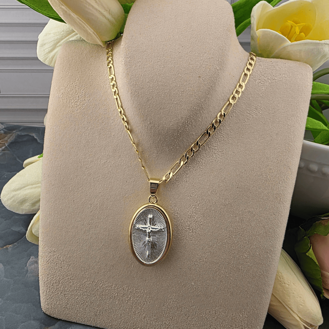 Two-Tone Our Lady of Fatima Medal Necklace, Gold chain necklace with an oval pendant featuring a silver-toned religious figure, Sister Dulce Gift Shop, Shepherds Staff, Religious Store, Cypress Springs Mercedarian Prayer Center, Catholic, Crucifix

