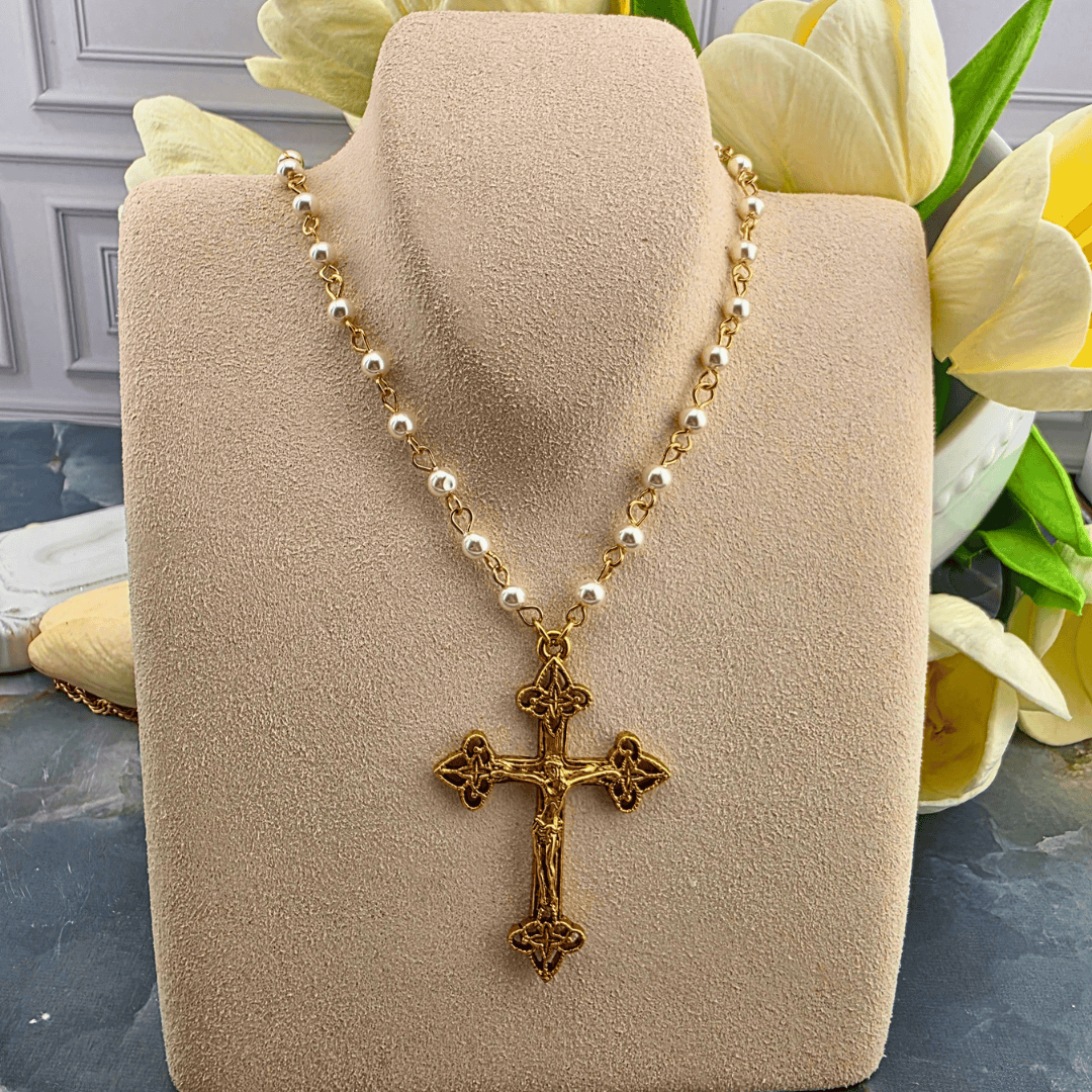Pearl Chain Crucifix Necklace