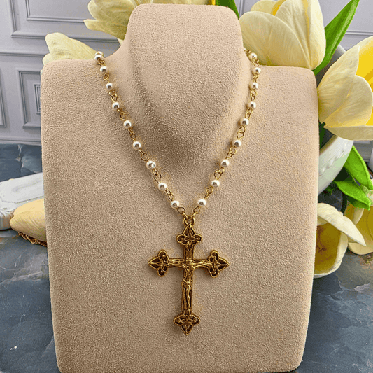 A gold-toned crucifix necklace with white pearl-like beads on a chain, Sister Dulce Gift Shop, Shepherds Staff, Religious Store, Cypress Springs Mercedarian Prayer Center, Catholic, jewelry, gift for her, popular item