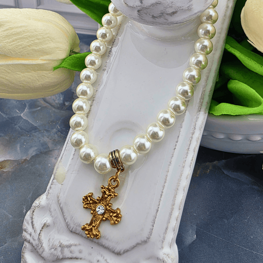 Golden Pearl Cross Charm Stretch Bracelet
