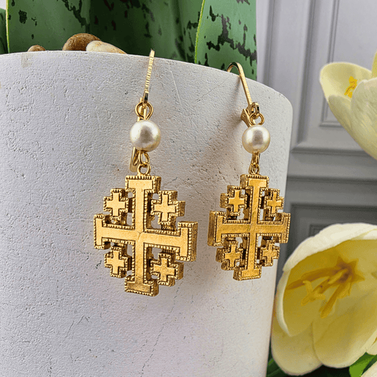 Pearl Jerusalem Cross Dangling Earrings