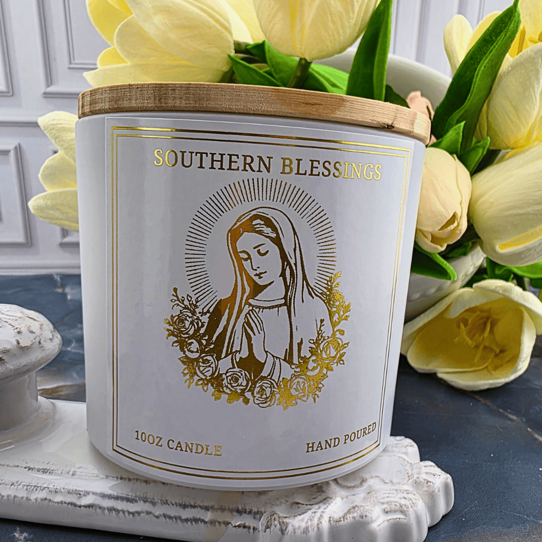 Mary- notes of soft sweet woods, and florals balanced by citrus and tropical fruits underscored by patchouli, Sister Dulce Gift Shop, Shepherds Staff, Religious Store, Cypress Springs Mercedarian Prayer Center, Catholic, new item, popular item, hand poured, louisiana made, southern lights candles
