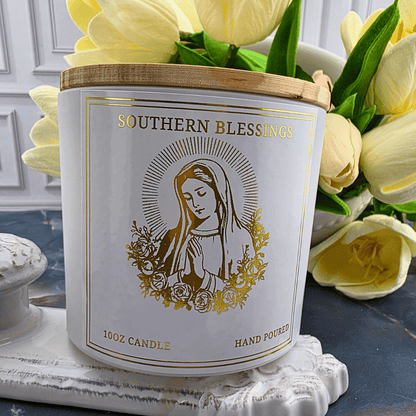 Mary- notes of soft sweet woods, and florals balanced by citrus and tropical fruits underscored by patchouli, Sister Dulce Gift Shop, Shepherds Staff, Religious Store, Cypress Springs Mercedarian Prayer Center, Catholic, new item, popular item, hand poured, louisiana made, southern lights candles
