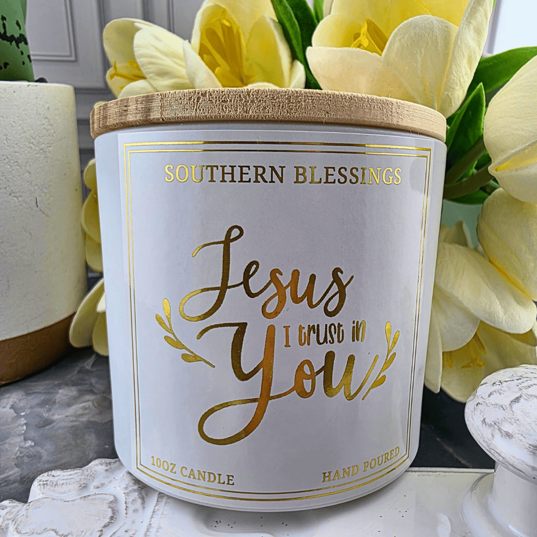 Jesus I Trust in You-Fresh linen, cedarwood and patchouli create a nostalgic blend, candles, Sister Dulce Gift Shop, Shepherds Staff, Religious Store, Cypress Springs Mercedarian Prayer Center, Catholic, southern lights candles, louisiana made