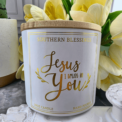 Jesus I Trust in You-Fresh linen, cedarwood and patchouli create a nostalgic blend, candles, Sister Dulce Gift Shop, Shepherds Staff, Religious Store, Cypress Springs Mercedarian Prayer Center, Catholic, southern lights candles, louisiana made