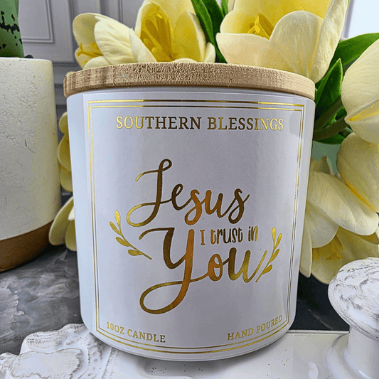 Jesus I Trust in You-Fresh linen, cedarwood and patchouli create a nostalgic blend, candles, Sister Dulce Gift Shop, Shepherds Staff, Religious Store, Cypress Springs Mercedarian Prayer Center, Catholic, southern lights candles, louisiana made