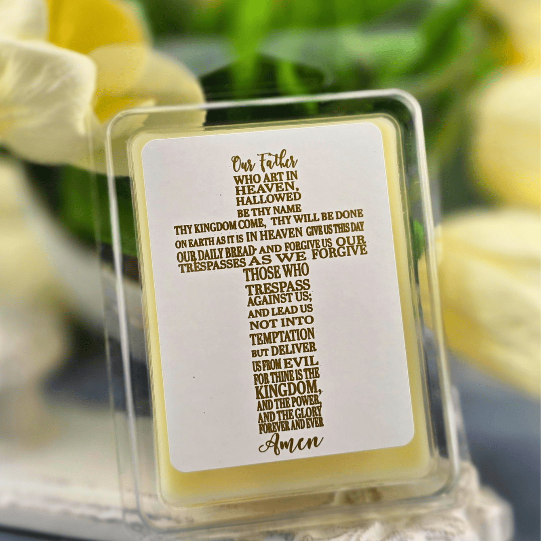 our father prayer, cross, wax melt, Sister Dulce Gift Shop, Shepherds Staff, Religious Store, Cypress Springs Mercedarian Prayer Center, Catholic, southern lights candles, new item, popular item