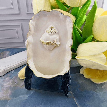 navy, dark blue sacred heart holy water font, gold edging, Sister Dulce Gift Shop, Shepherds Staff, Religious Store, Cypress Springs Mercedarian Prayer Center, Catholic, sacred treasures, new item, ceramic, handmade
