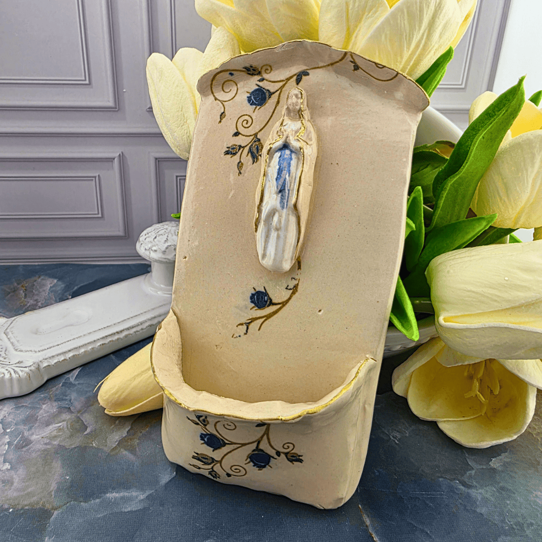 our lady of the rosary with blue roses holy water font, handmade, ceramic, Sister Dulce Gift Shop, Shepherds Staff, Religious Store, Cypress Springs Mercedarian Prayer Center, Catholic, new item, sacred treasures