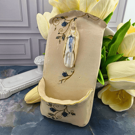 our lady of the rosary with blue roses holy water font, handmade, ceramic, Sister Dulce Gift Shop, Shepherds Staff, Religious Store, Cypress Springs Mercedarian Prayer Center, Catholic, new item, sacred treasures