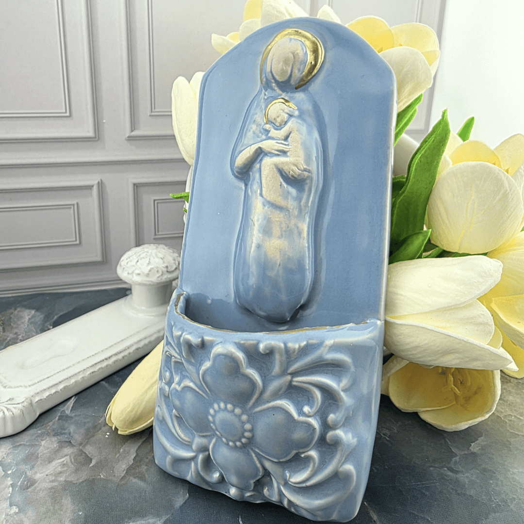 light blue madonna and child, floral design, holy water font, ceramic, handmade, Sister Dulce Gift Shop, Shepherds Staff, Religious Store, Cypress Springs Mercedarian Prayer Center, Catholic, sacred treasures, new item, popular item