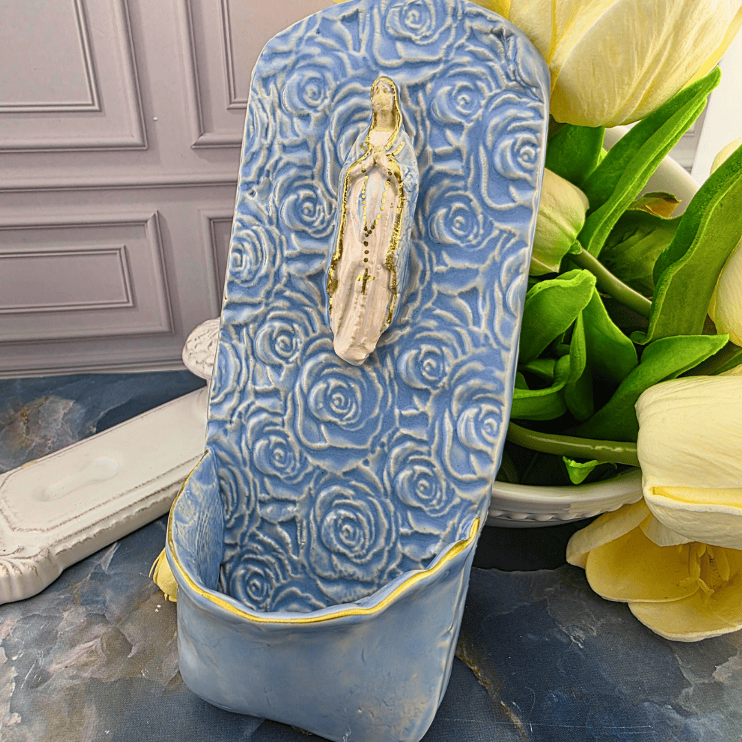 blue our lady of the rosary floral design, holy water font, ceramic, handmade, Sister Dulce Gift Shop, Shepherds Staff, Religious Store, Cypress Springs Mercedarian Prayer Center, Catholic, sacred treasures, new item