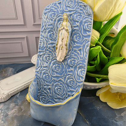 blue our lady of the rosary floral design, holy water font, ceramic, handmade, Sister Dulce Gift Shop, Shepherds Staff, Religious Store, Cypress Springs Mercedarian Prayer Center, Catholic, sacred treasures, new item