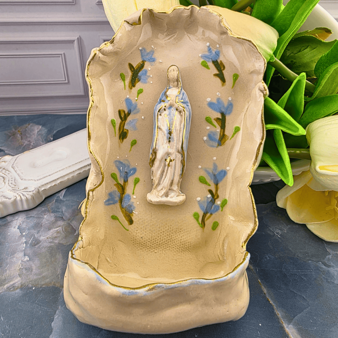 our lady of the rosary with blue flowers holy water font, mary, Sister Dulce Gift Shop, Shepherds Staff, Religious Store, Cypress Springs Mercedarian Prayer Center, Catholic, new item, sacred treasures, handmade, ceramic