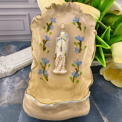 our lady of the rosary with blue flowers holy water font, mary, Sister Dulce Gift Shop, Shepherds Staff, Religious Store, Cypress Springs Mercedarian Prayer Center, Catholic, new item, sacred treasures, handmade, ceramic