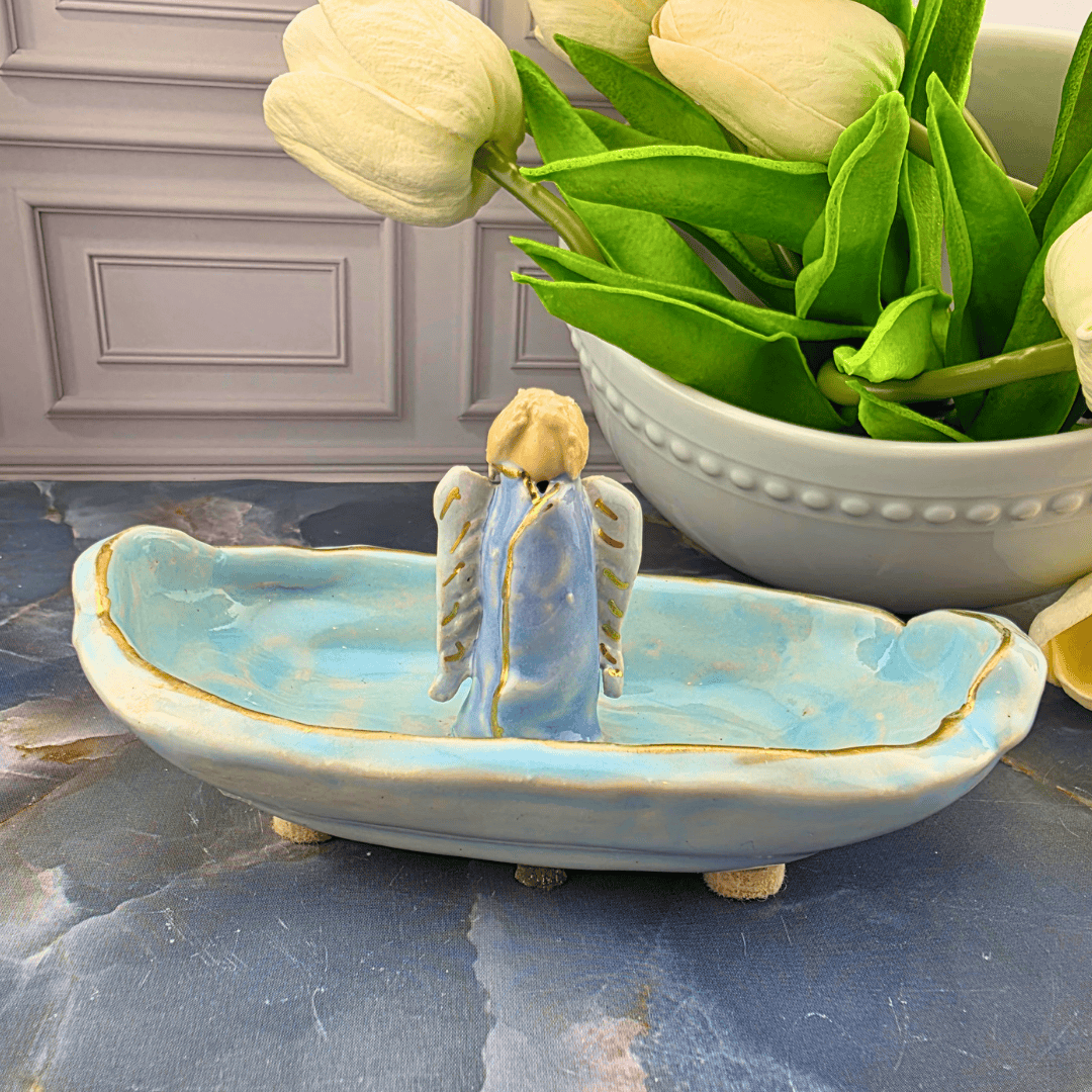 bright blue standing angel trinket dish, Sister Dulce Gift Shop, Shepherds Staff, Religious Store, Cypress Springs Mercedarian Prayer Center, Catholic, new item, sacred treasure