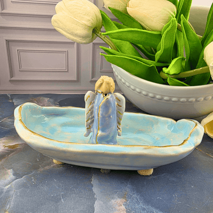 bright blue standing angel trinket dish, Sister Dulce Gift Shop, Shepherds Staff, Religious Store, Cypress Springs Mercedarian Prayer Center, Catholic, new item, sacred treasure