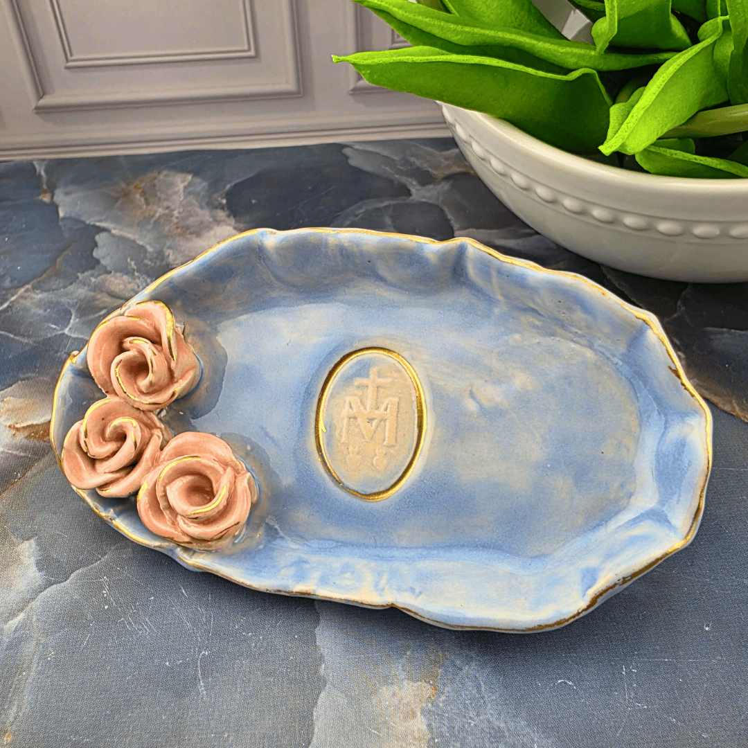 light blue auspice maria with pink roses trinket dish, Sister Dulce Gift Shop, Shepherds Staff, Religious Store, Cypress Springs Mercedarian Prayer Center, Catholic, new item, popular item, sacred treasures