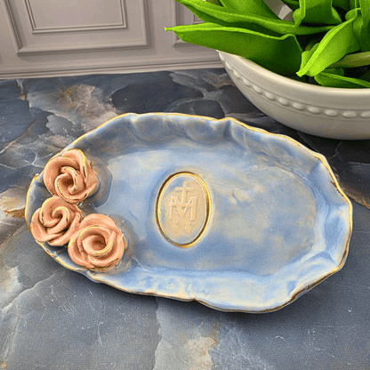light blue auspice maria with pink roses trinket dish, Sister Dulce Gift Shop, Shepherds Staff, Religious Store, Cypress Springs Mercedarian Prayer Center, Catholic, new item, popular item, sacred treasures