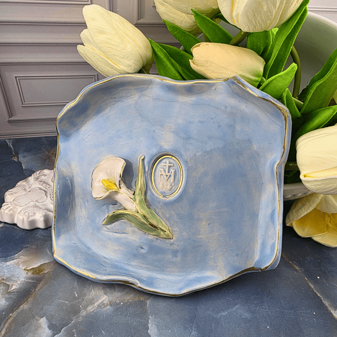 auspice maria trinket tray with white lily, handmade, blue, sacred treasures, Sister Dulce Gift Shop, Shepherds Staff, Religious Store, Cypress Springs Mercedarian Prayer Center, Catholic, 
