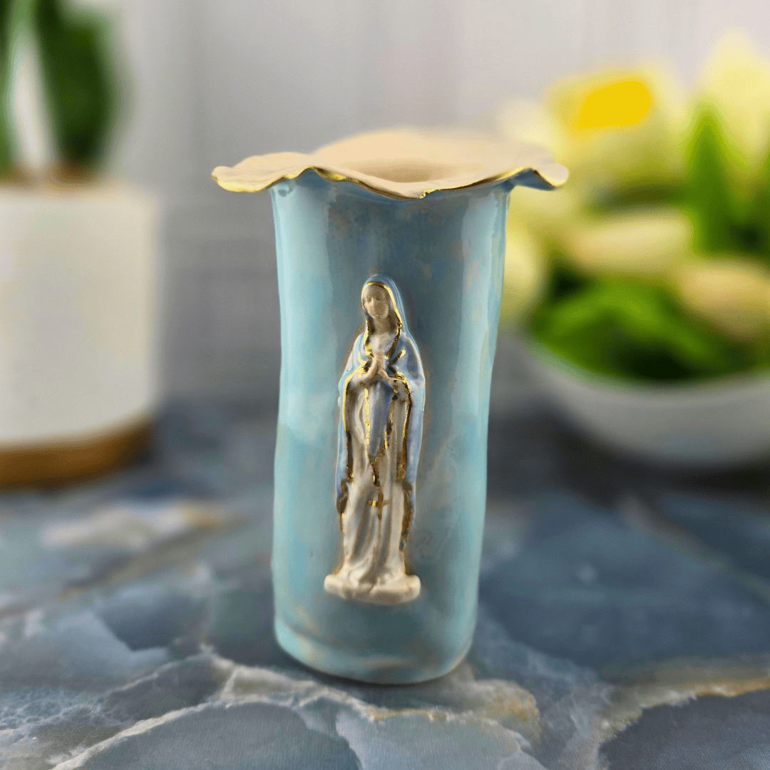 bright blue our lady of the rosary ceramic vase, Sister Dulce Gift Shop, Shepherds Staff, Religious Store, Cypress Springs Mercedarian Prayer Center, Catholic, sacred treasures, mary, new item