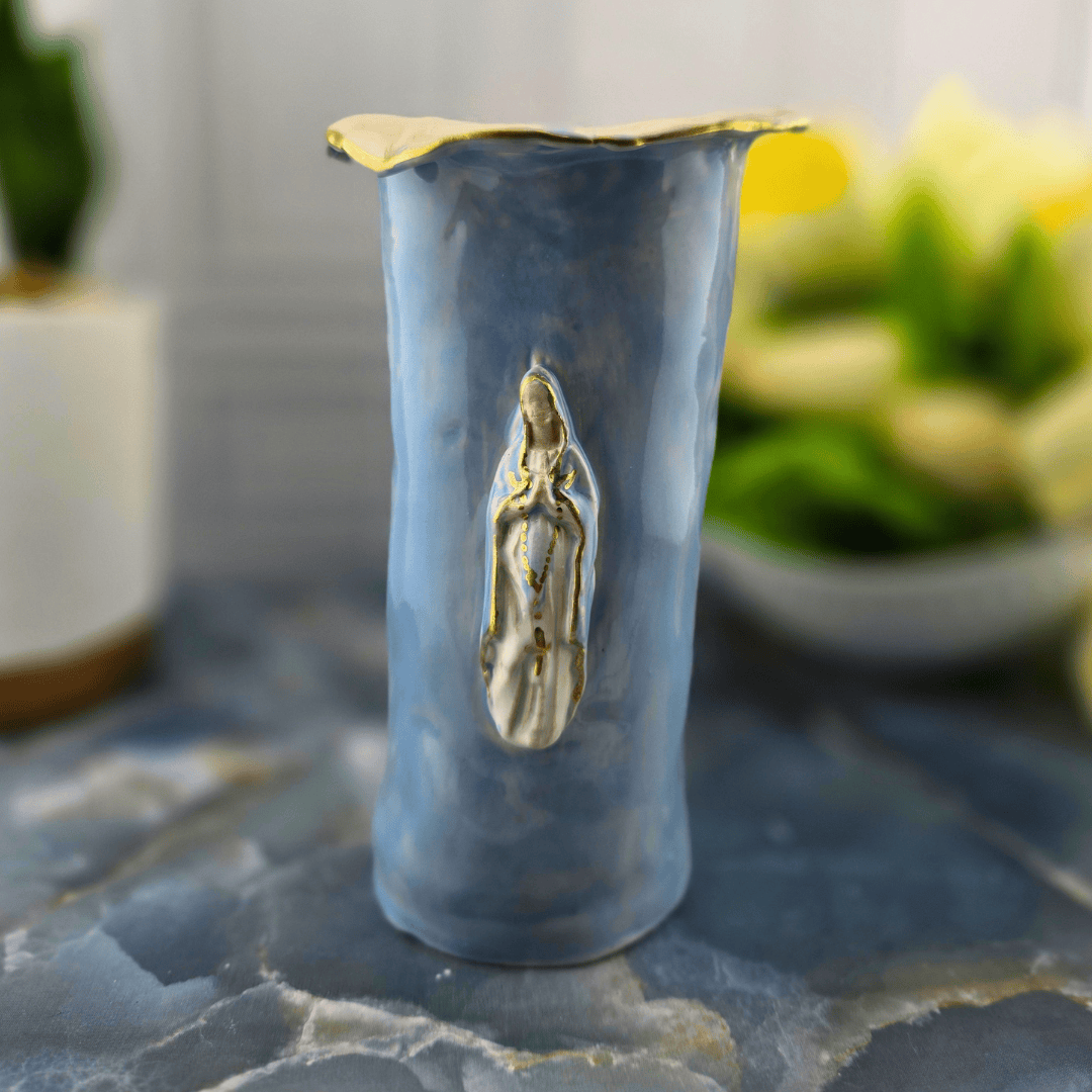 dark blue our lady of the rosary ceramic vase, Sister Dulce Gift Shop, Shepherds Staff, Religious Store, Cypress Springs Mercedarian Prayer Center, Catholic, mary, sacred treasures, new item