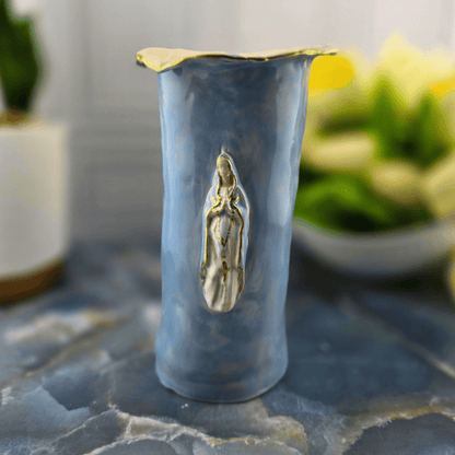 dark blue our lady of the rosary ceramic vase, Sister Dulce Gift Shop, Shepherds Staff, Religious Store, Cypress Springs Mercedarian Prayer Center, Catholic, mary, sacred treasures, new item