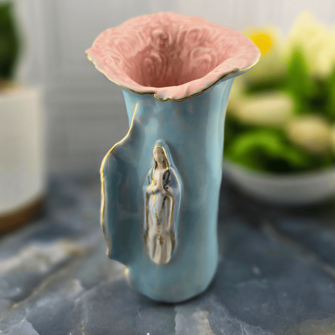 bright blue our lady of the rosary ceramic vase with pink floral top, Sister Dulce Gift Shop, Shepherds Staff, Religious Store, Cypress Springs Mercedarian Prayer Center, Catholic, mary, sacred treasures, new item