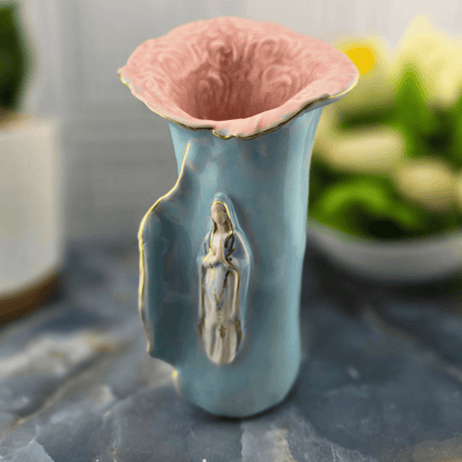 bright blue our lady of the rosary ceramic vase with pink floral top, Sister Dulce Gift Shop, Shepherds Staff, Religious Store, Cypress Springs Mercedarian Prayer Center, Catholic, mary, sacred treasures, new item