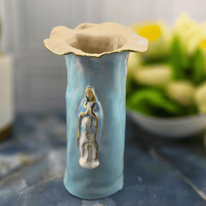 bright blue our lady of the rosary ceramic vase, Sister Dulce Gift Shop, Shepherds Staff, Religious Store, Cypress Springs Mercedarian Prayer Center, Catholic, sacred reasures, new item