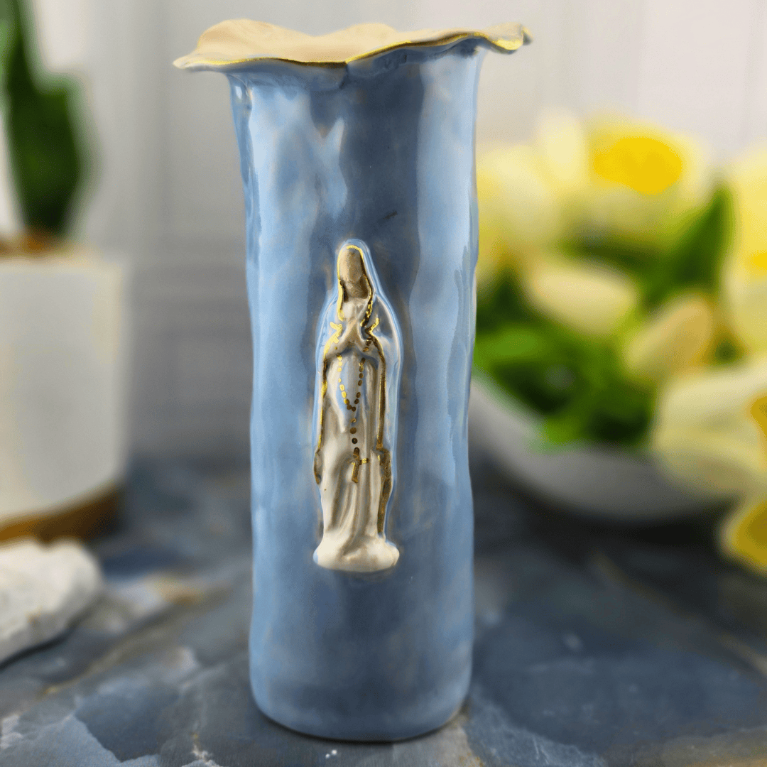 our lady of the rosary blue ceramic vase, Sister Dulce Gift Shop, Shepherds Staff, Religious Store, Cypress Springs Mercedarian Prayer Center, Catholic, sacred treasures, mary, new item