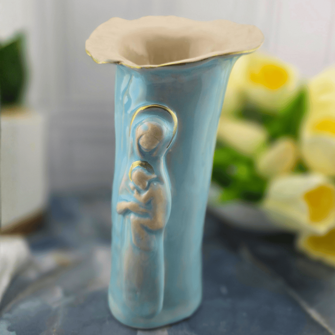 bright blue madonna with child ceramic vase, Sister Dulce Gift Shop, Shepherds Staff, Religious Store, Cypress Springs Mercedarian Prayer Center, Catholic, sacred treasures, new item 
