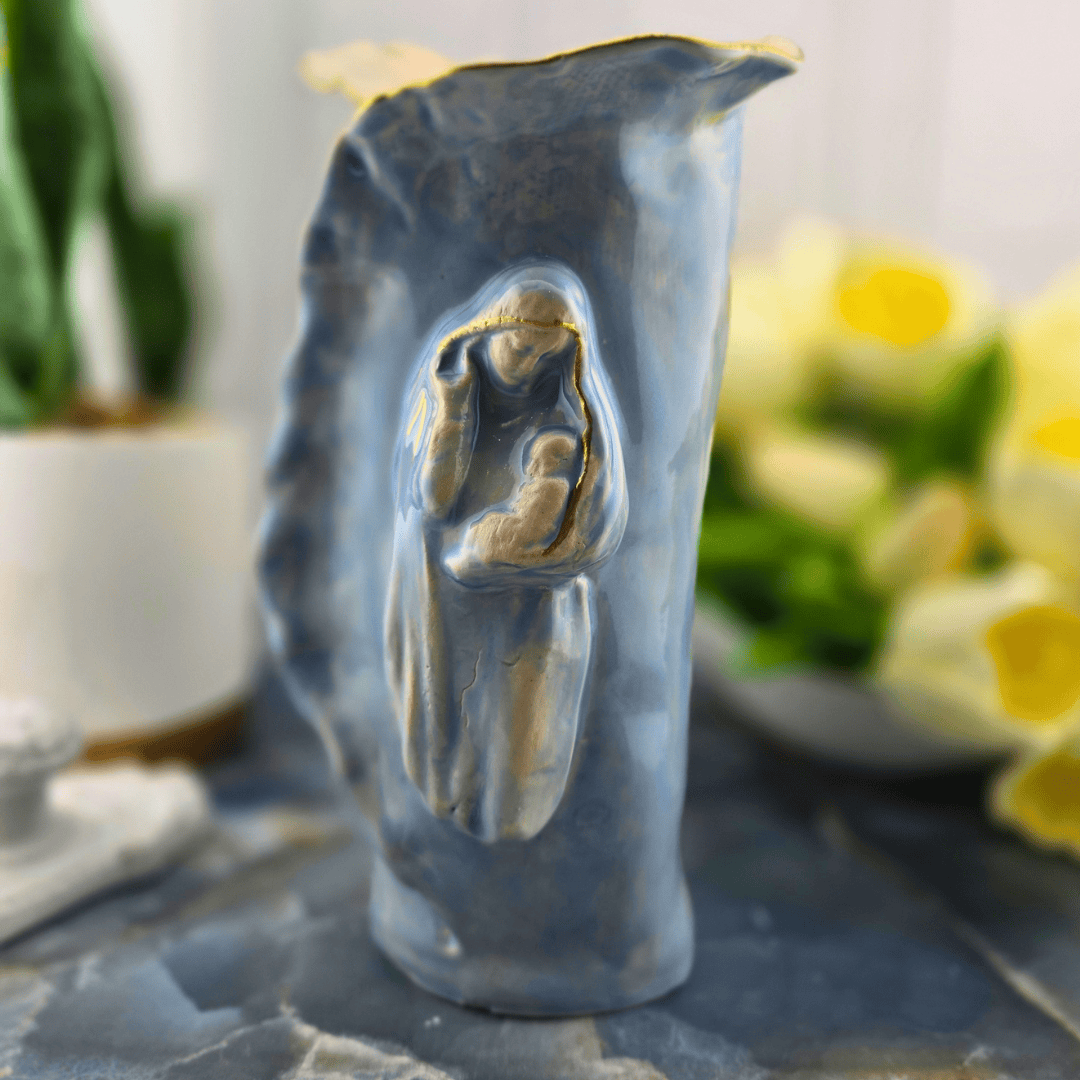 blue madonna and child ceramic vase, Sister Dulce Gift Shop, Shepherds Staff, Religious Store, Cypress Springs Mercedarian Prayer Center, Catholic, sacred treasures, new item