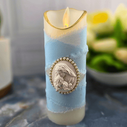 light blue madonna and child with pearls, sacred treasures, flameless candle, new item, Sister Dulce Gift Shop, Shepherds Staff, Religious Store, Cypress Springs Mercedarian Prayer Center, Catholic, 
