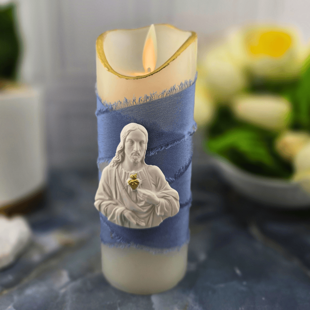 dark blue, sacred heart of jesus, flameless candle, Sister Dulce Gift Shop, Shepherds Staff, Religious Store, Cypress Springs Mercedarian Prayer Center, Catholic, sacred treasures, new item 