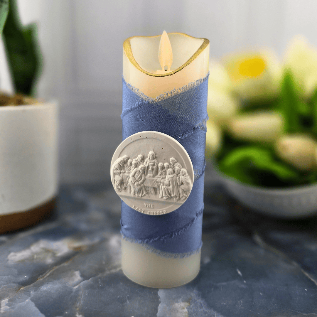 dark blue last supper, flameless candle, Sister Dulce Gift Shop, Shepherds Staff, Religious Store, Cypress Springs Mercedarian Prayer Center, Catholic, sacred treasures, new item
