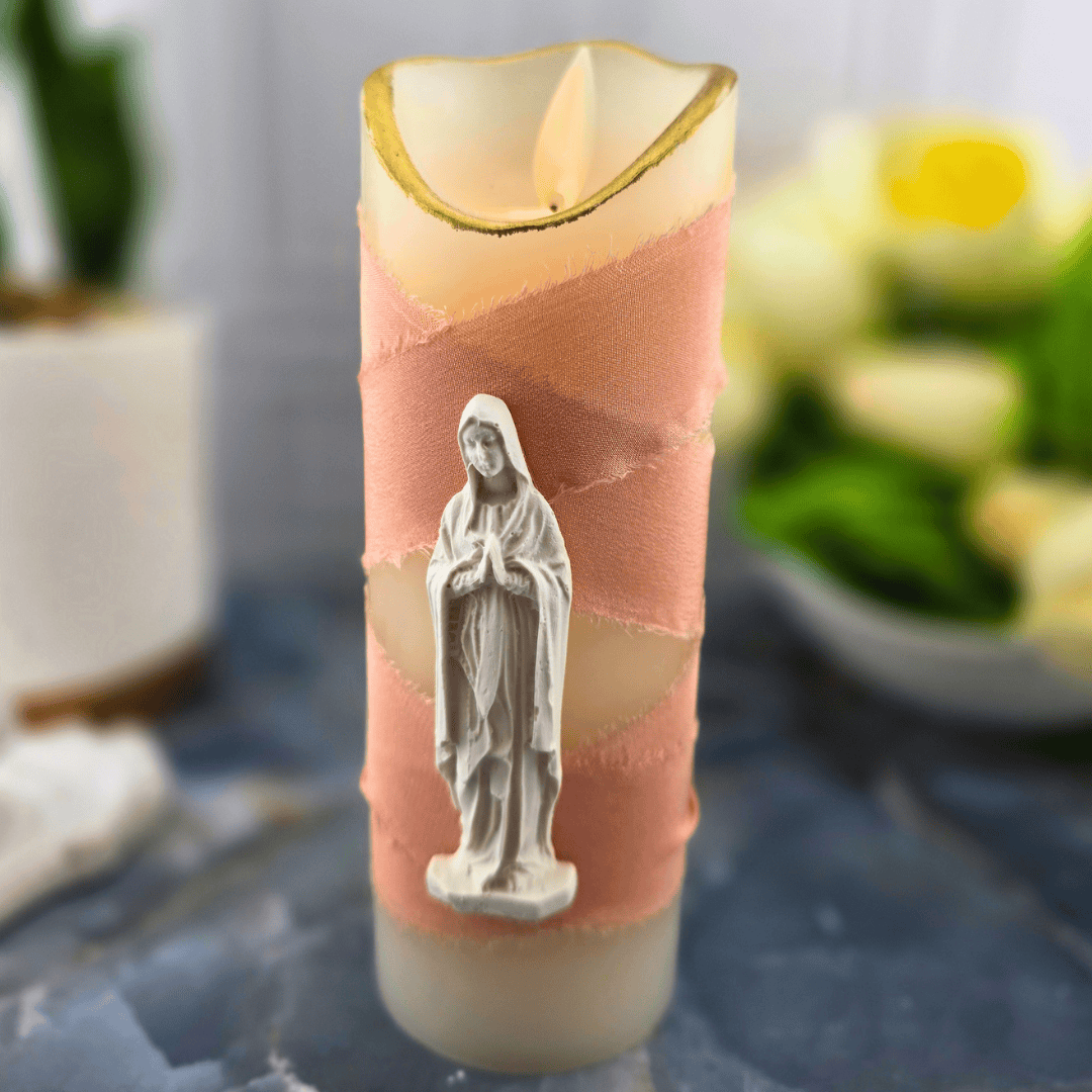 light pink mary, flameless candle, Sister Dulce Gift Shop, Shepherds Staff, Religious Store, Cypress Springs Mercedarian Prayer Center, Catholic, sacred treasures, new item