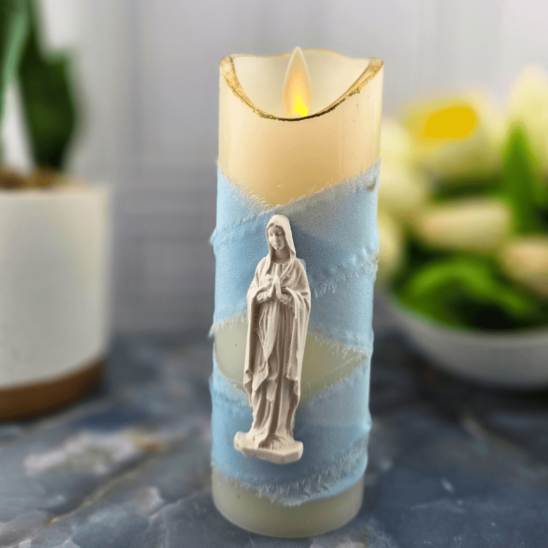 light blue mary, flameless candle, sacred treasures, Sister Dulce Gift Shop, Shepherds Staff, Religious Store, Cypress Springs Mercedarian Prayer Center, Catholic, 