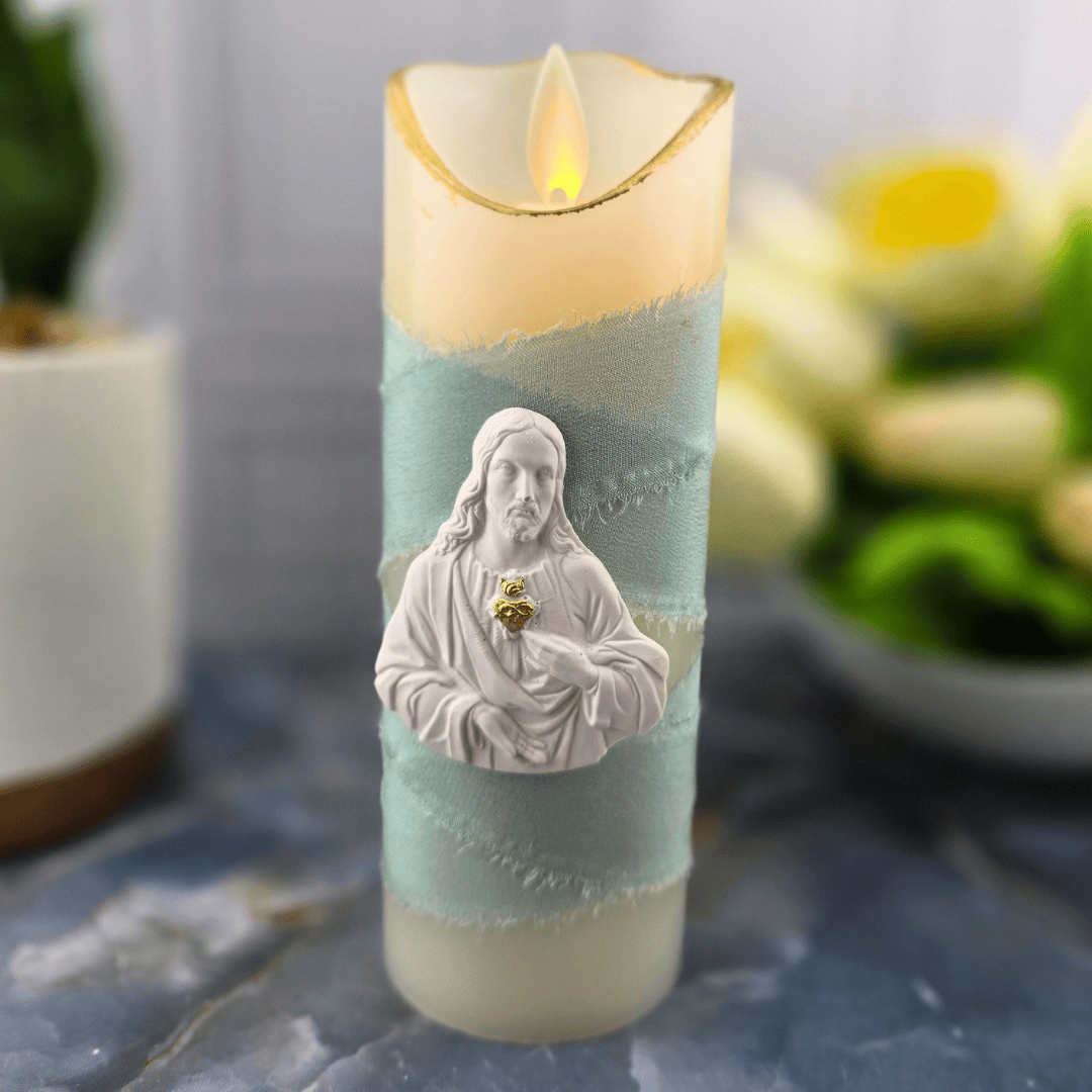 sage green, sacred heart of jesus, flameless candle,Sister Dulce Gift Shop, Shepherds Staff, Religious Store, Cypress Springs Mercedarian Prayer Center, Catholic, sacred treasures
