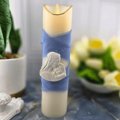 dark blue madonna and child, flameless candle, Sister Dulce Gift Shop, Shepherds Staff, Religious Store, Cypress Springs Mercedarian Prayer Center, Catholic, sacred treasures, new item 
