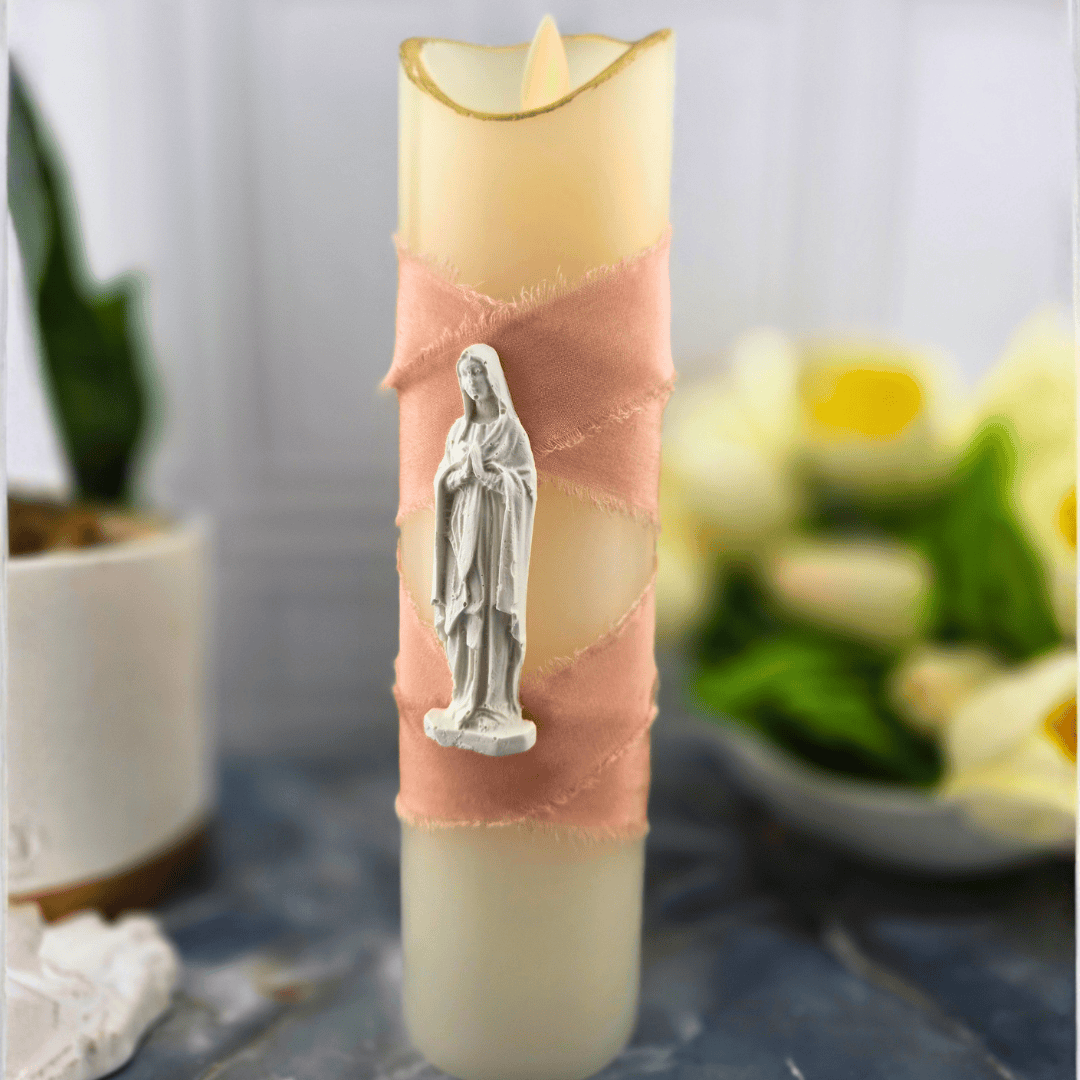 light pink mary, flameless candle, Sister Dulce Gift Shop, Shepherds Staff, Religious Store, Cypress Springs Mercedarian Prayer Center, Catholic, new item, sacred treasures
